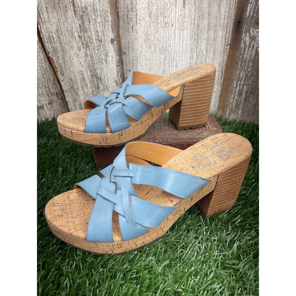 Kork-Ease Charis Woven Leather Cork Platform Slide Sandals Light Blue Women's 8